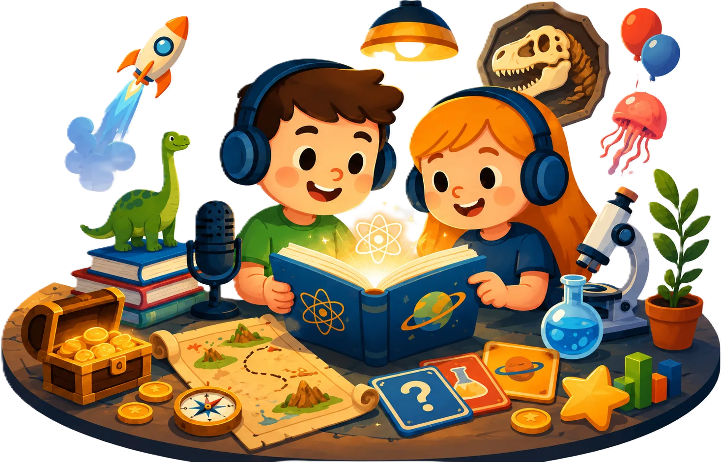 兩位孩子在科學學習基地中聽 Podcast、閱讀科普伴讀並玩闖關遊戲